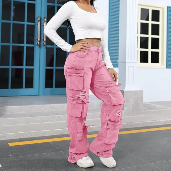 3XL Women's Pink High Rise Baggy Denim Pants - Chic Flap Pocket Cargo Style